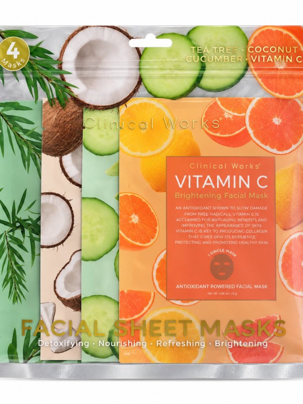 Clinical Works Facial Sheet Mask Variety Pack, Tea Tree, Coconut, Cucumber